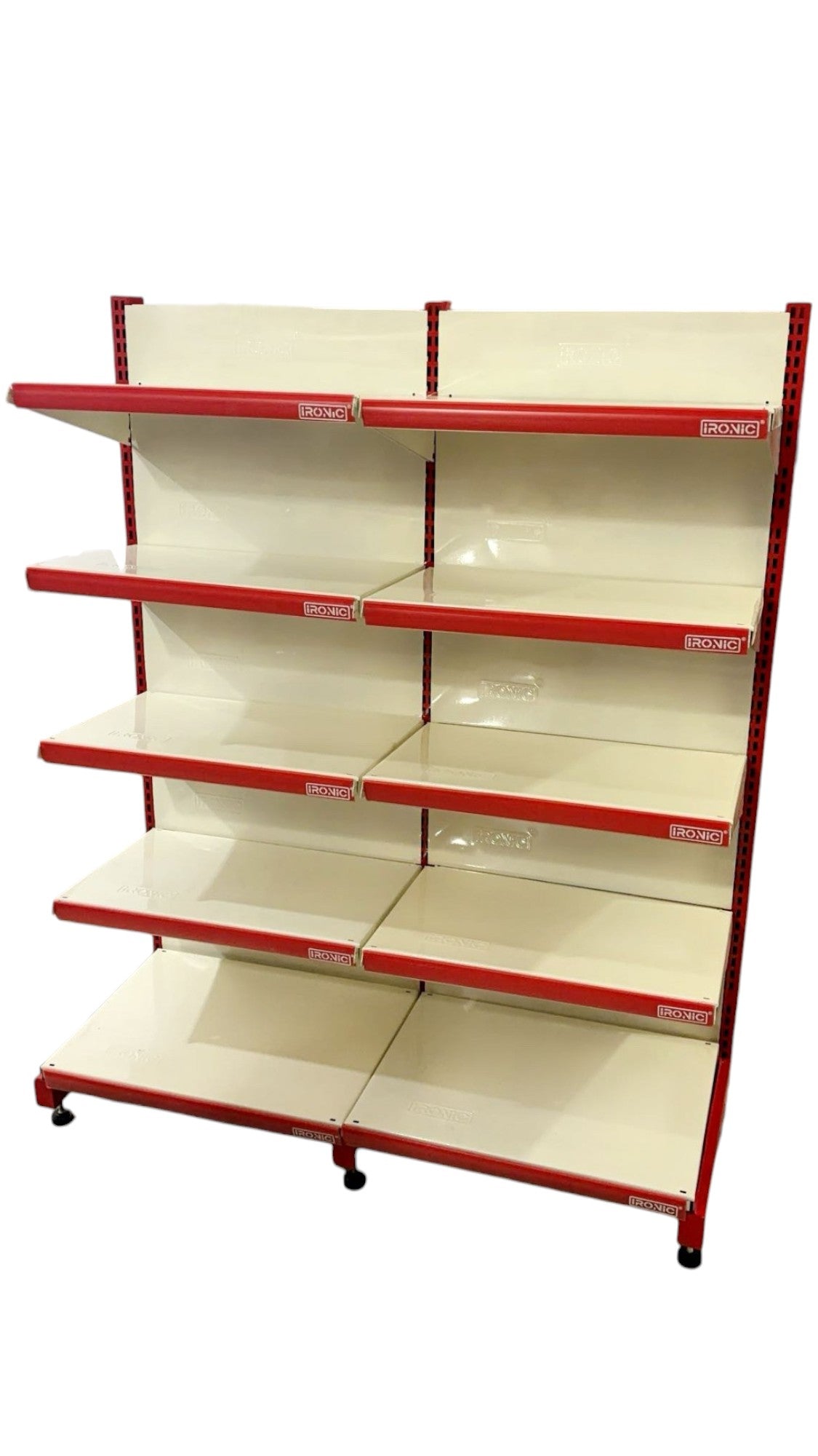 IRONIC Slotted Channel Rack | Grocery Multipurpose Adjustable Iron for Kitchen, Shops and Book Shelf Red & Ivory (Wall Rack 5Feet X 2Feet - Set of 2 (5 Shelfs Floor Standing)