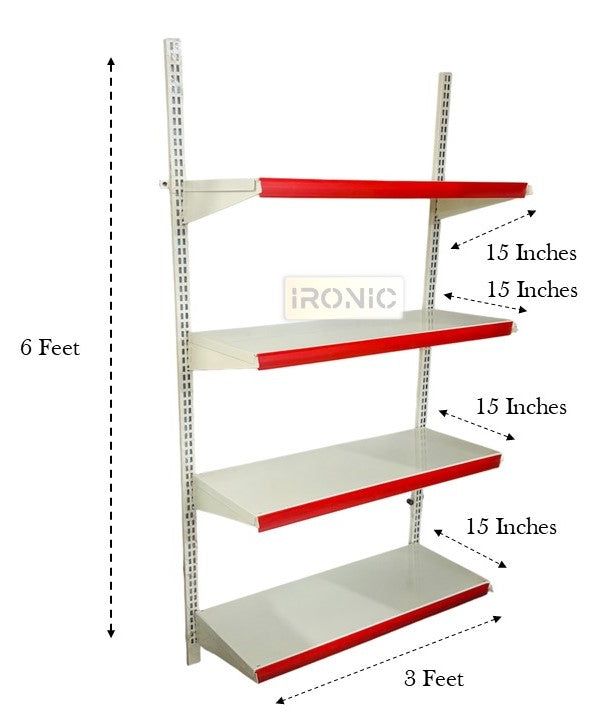 IRONIC Slotted Channel Rack | Grocery Multipurpose Adjustable Iron for Kitchen, Shops and Book Shelf Red & Ivory (Wall Mounted Rack 6Feet X 3Feet (5 Shelfs)