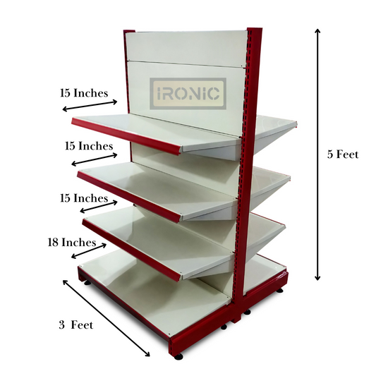 IRONIC Slotted Channel Rack | Grocery Rack | Multipurpose Adjustable Iron Rack for Kitchen, Shops and Book Shelf | RED & Ivory (CENTRE RACK 5FEET X 3FEET 4-4 SHELF BOTH SIDE)