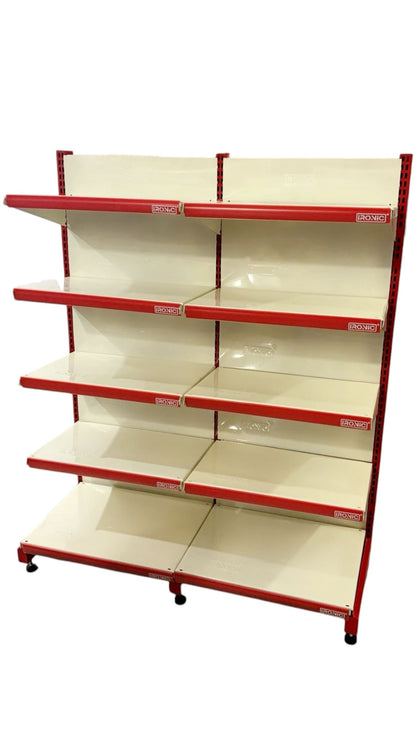 IRONIC Slotted Channel Rack | Grocery Multipurpose Adjustable Iron for Kitchen, Shops and Book Shelf Red & Ivory (Wall Rack 5Feet X 2Feet - Set of 2 (5 Shelfs Floor Standing)