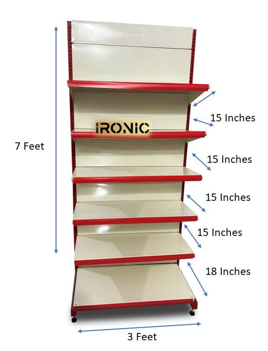 IRONIC Slotted Channel Racks | Grocery Rack | Multipurpose Adjustable Iron Racks for Kitchen, Shops and Book Shelf | RED & Ivory (WALL RACKS 7FEET X 3FEET 6SHELFS)