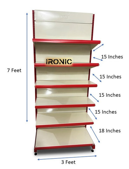 IRONIC Slotted Channel Racks | Grocery Rack | Multipurpose Adjustable Iron Racks for Kitchen, Shops and Book Shelf | RED & Ivory (WALL RACKS 7FEET X 3FEET 6SHELFS)