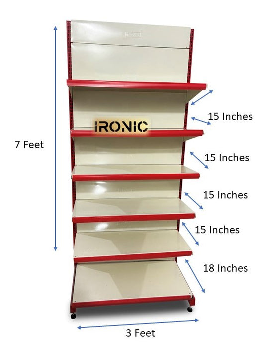 IRONIC Slotted Channel Racks | Grocery Rack | Multipurpose Adjustable Iron Racks for Kitchen, Shops and Book Shelf | RED & Ivory (WALL RACKS 7FEET X 3FEET 6SHELFS)