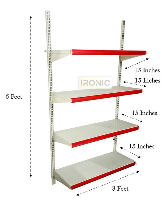IRONIC Slotted Channel Rack | Grocery Multipurpose Adjustable Iron for Kitchen, Shops and Book Shelf Red & Ivory (Wall Mounted Rack 6Feet X 3Feet (5 Shelfs)