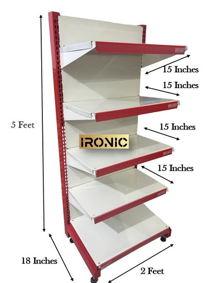 IRONIC Slotted Channel Rack | Grocery Multipurpose Adjustable Iron for Kitchen, Shops and Book Shelf Red & Ivory (Wall Rack 5Feet X 2Feet 5 Shelfs Floor Standing)