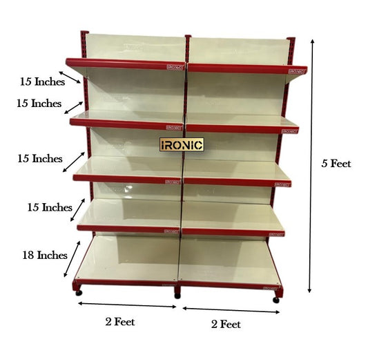 IRONIC Slotted Channel Rack | Grocery Multipurpose Adjustable Iron for Kitchen, Shops and Book Shelf Red & Ivory (Wall Rack 5Feet X 2Feet - Set of 2 (5 Shelfs Floor Standing)