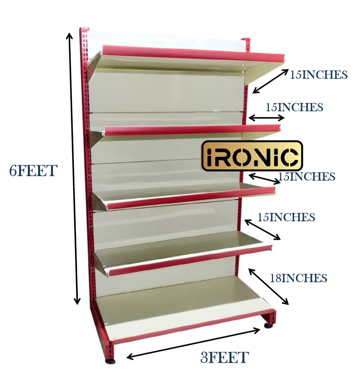 IRONIC Slotted Channel Racks | Grocery Rack | Multipurpose Adjustable Iron Racks for Kitchen, Shops and Book Shelf | RED & Ivory (WALL RACKS 6FEET X 3FEET 5 SHELFS)