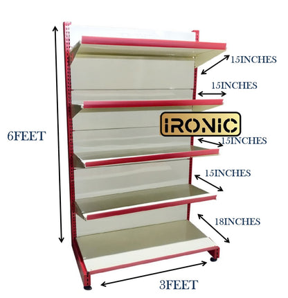 IRONIC Slotted Channel Racks | Grocery Rack | Multipurpose Adjustable Iron Racks for Kitchen, Shops and Book Shelf | RED & Ivory (WALL RACKS 6FEET X 3FEET 5 SHELFS)
